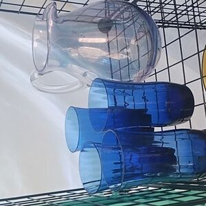 4 Lenox blue glasses and iridescent picher